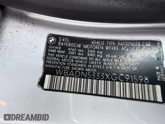 1999 BMW 5 Series 540i z VIN WBADN5333XGC91598, wystawiony jako Copart lot #61690655 z przebiegiem 174 320 mil mil oraz Szkoda całkowita • Salvage title. Historia ofert i sprzedaży dostępna na DreamBid. Obrazek 10.