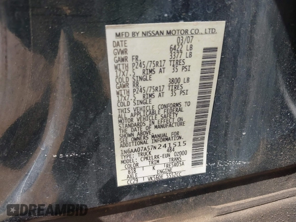 2007 Nissan Titan XE with VIN 1N6AA07A57N241515, listed as a IAAI auction lot 41950229 with 163,290 mi miles and . Bid and sale history available at DreamBid. Image 9.