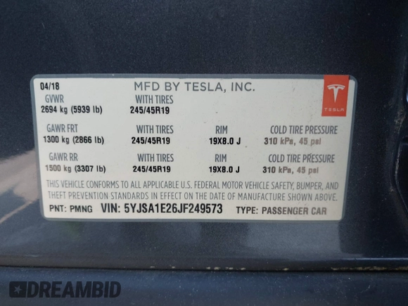 2018 Tesla Model S 75D with VIN 5YJSA1E26JF249573, listed as a IAAI auction lot 42748801 with 88,467 mi miles and . Bid and sale history available at DreamBid. Image 9.