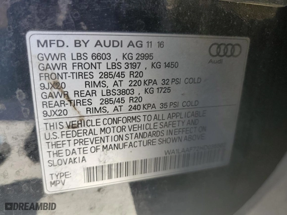 2017 Audi Q7 Premium Plus with VIN WA1LAAF72HD035562, listed as a Copart auction lot 45555165 with 133,740 mi miles and Salvage Title. Bid and sale history available at carsss.com. Image 13.