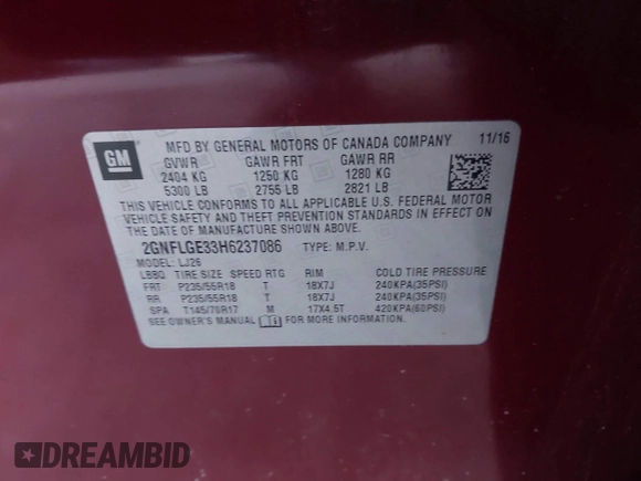 2017 Chevrolet Equinox Premier with VIN 2GNFLGE33H6237086, listed as a IAAI auction lot 41682712 with 106,809 mi miles. Bid and sale history available at carsss.com. Image 9.