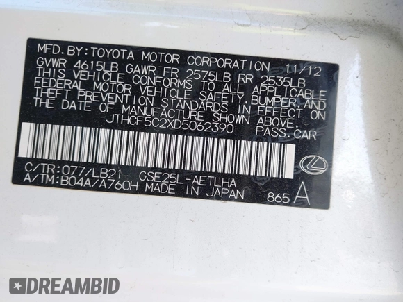 2013 Lexus IS 250 with VIN JTHCF5C2XD5062390, listed as a IAAI auction lot 41403300 with 84,181 mi miles and . Bid and sale history available at DreamBid. Image 9.
