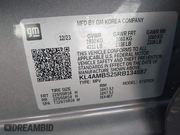 2024 Buick Encore GX Preferred with VIN KL4AMBS25RB134887, listed as a IAAI auction lot 41694742 with 10,812 mi miles and . Bid and sale history available at DreamBid. Image 9.
