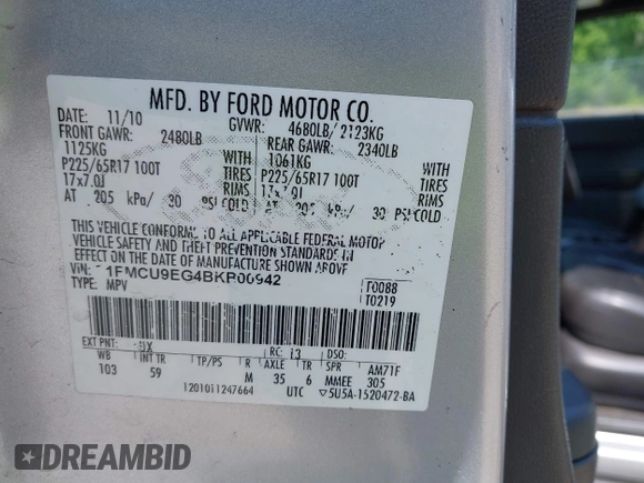 2011 Ford Escape Limited with VIN 1FMCU9EG4BKB00942, listed as a IAAI auction lot 42470733 with 247,461 mi miles and . Bid and sale history available at DreamBid. Image 9.