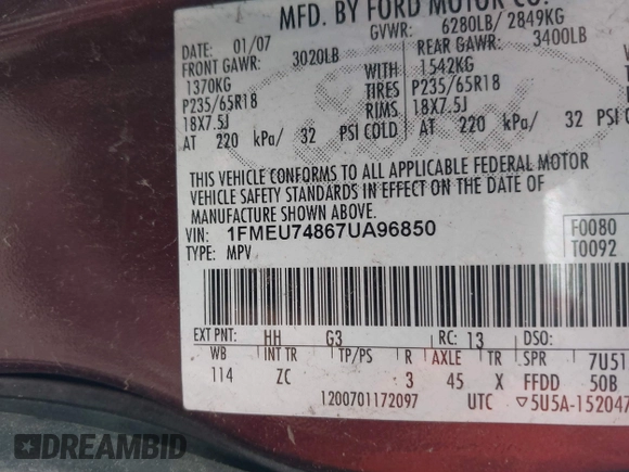 2007 Ford Explorer Eddie Bauer с VIN 1FMEU74867UA96850, выставлен на аукционе IAAI как лот 42342510 с пробегом 265 583 миль миль и . История ставок и продаж доступна на DreamBid. Изображение 9.