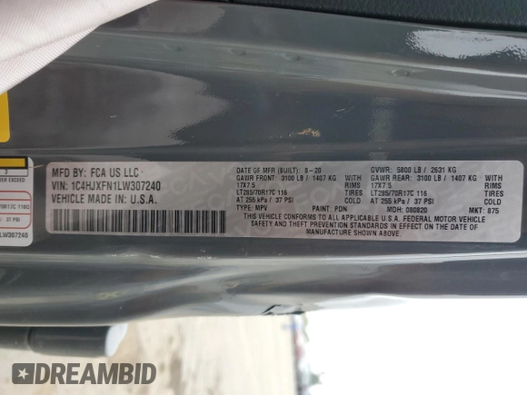 2020 Jeep Wrangler Unlimited Recon with VIN 1C4HJXFN1LW307240, listed as a Copart auction lot 85742484 with Not provided miles and Salvage title. Bid and sale history available at DreamBid. Image 14.