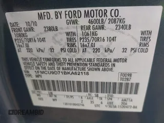 2011 Ford Escape XLT with VIN 1FMCU9D71BKA62118, listed as a IAAI auction lot 42559857 with 104,053 mi miles and . Bid and sale history available at DreamBid. Image 9.