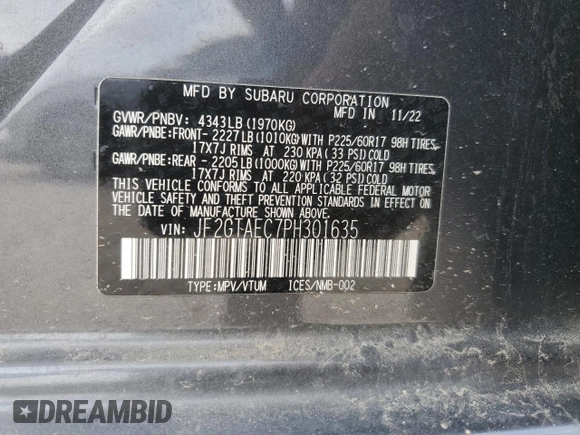 2023 Subaru Crosstrek Premium with VIN JF2GTAEC7PH301635, listed as a Copart auction lot 54871175 with 18,992 mi miles and Salvage title. Bid and sale history available at DreamBid. Image 13.