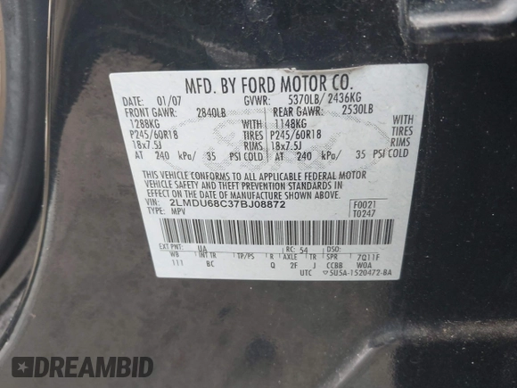 2007 Lincoln MKX with VIN 2LMDU68C37BJ08872, listed as a IAAI auction lot 42422739 with 226,756 mi miles and . Bid and sale history available at DreamBid. Image 9.
