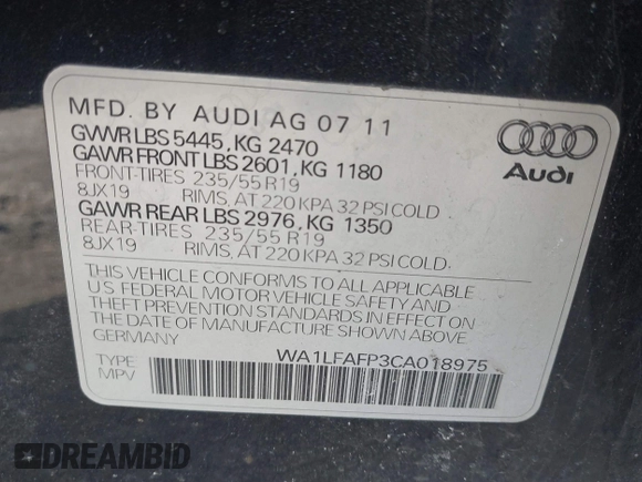 2012 Audi Q5 2.0T Premium Plus with VIN WA1LFAFP3CA018975, listed as a IAAI auction lot 41645580 with 1 mi miles. Bid and sale history available at carsss.com. Image 9.