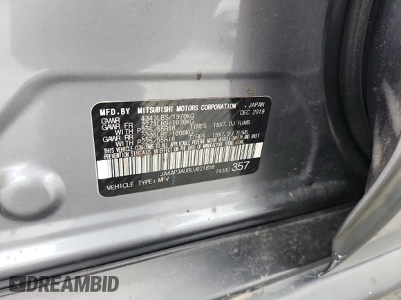 2020 Mitsubishi Outlander ES with VIN JA4AP3AU9LU021858, listed as a Copart auction lot 58793345 with 102,995 mi miles and Salvage title. Bid and sale history available at DreamBid. Image 13.