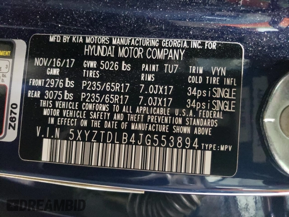2018 Hyundai Santa Fe 2.4L z VIN 5XYZTDLB4JG553894, wystawiony jako Copart lot #56859585 z przebiegiem 97 313 mil mil oraz Szkoda całkowita • Salvage title. Historia ofert i sprzedaży dostępna na DreamBid. Obrazek 13.