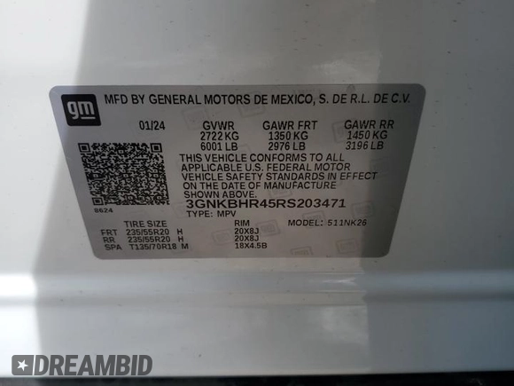 2024 Chevrolet Blazer LT with VIN 3GNKBHR45RS203471, listed as a Copart auction lot 51414145 with 4,462 mi miles and Salvage title. Bid and sale history available at DreamBid. Image 13.