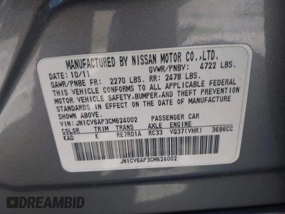 2012 Infiniti G37 Sedan Journey with VIN JN1CV6AP3CM624002, listed as a IAAI auction lot 42019515 with 176,910 mi miles. Bid and sale history available at carsss.com. Image 9.