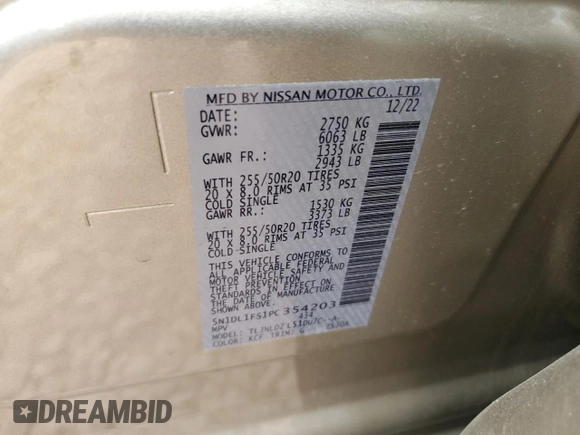 2023 Infiniti QX60 Luxe with VIN 5N1DL1FS1PC354203, listed as a Copart auction lot 59035505 with 16,630 mi miles and Salvage title. Bid and sale history available at DreamBid. Image 14.