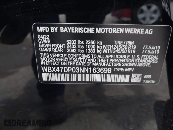 2022 BMW X3 sDrive30i with VIN WBX47DP03NN163698, listed as a IAAI auction lot 41803883 with 28,259 mi miles and . Bid and sale history available at DreamBid. Image 9.