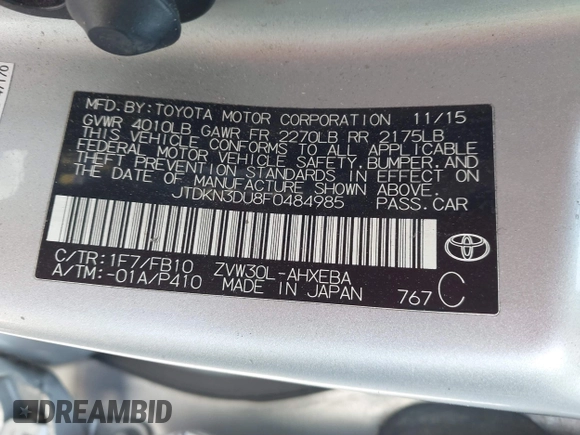 2015 Toyota Prius Four z VIN JTDKN3DU8F0484985, wystawiony jako IAAI lot #41871416 z przebiegiem 330 021 mil mil oraz . Historia ofert i sprzedaży dostępna na DreamBid. Obrazek 9.