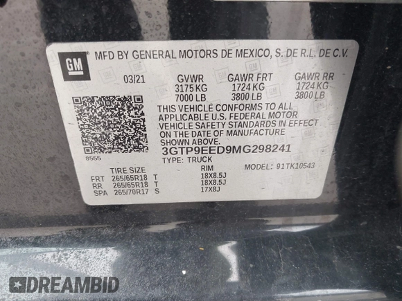 2021 GMC Sierra 1500 AT4 with VIN 3GTP9EED9MG298241, listed as a IAAI auction lot 41422308 with 90,052 mi miles. Bid and sale history available at carsss.com. Image 9.