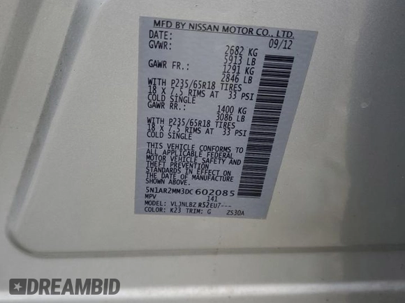 2013 Nissan Pathfinder S with VIN 5N1AR2MM3DC602085, listed as a Copart auction lot 46316765 with 0 mi miles and Clean Title. Bid and sale history available at carsss.com. Image 13.