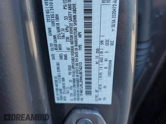 2022 Ford Escape Titanium Plug-In Hybrid with VIN 1FMCU0LZ8NUB74213, listed as a Copart auction lot 77133004 with 18,490 mi miles and Salvage title. Bid and sale history available at DreamBid. Image 15.