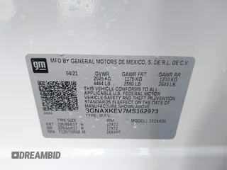2021 Chevrolet Equinox LT with VIN 3GNAXKEV7MS162973, listed as a IAAI auction lot 42085148 with 19,847 mi miles and . Bid and sale history available at DreamBid. Image 9.