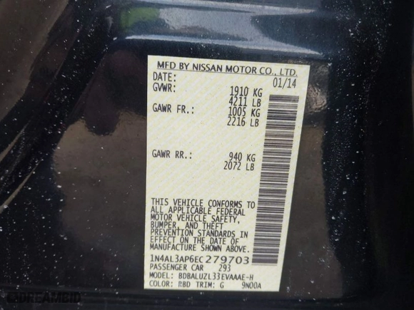 2014 Nissan Altima 2.5 with VIN 1N4AL3AP6EC279703, listed as a IAAI auction lot 41981079 with 76,581 mi miles. Bid and sale history available at carsss.com. Image 9.