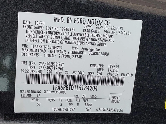 2020 Ford Mustang EcoBoost with VIN 1FA6P8TD1L5184204, listed as a IAAI auction lot 42421848 with 94,492 mi miles and . Bid and sale history available at DreamBid. Image 9.