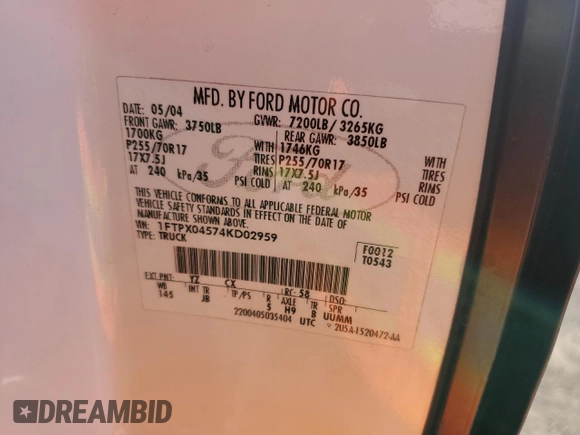 2004 Ford F-150 XLT z VIN 1FTPX04574KD02959, wystawiony jako Copart lot #46102015 z przebiegiem 181 397 mil mil oraz Szkoda całkowita • Salvage title. Historia ofert i sprzedaży dostępna na DreamBid. Obrazek 12.