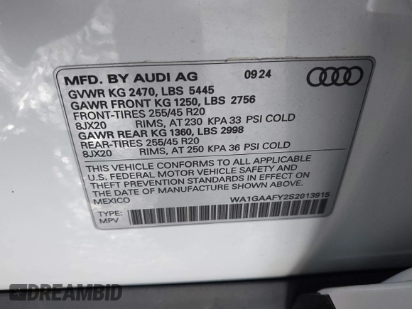 2025 Audi Q5 S line Premium z VIN WA1GAAFY2S2013915, wystawiony jako IAAI lot #41486503 z przebiegiem 649 mil mil oraz . Historia ofert i sprzedaży dostępna na DreamBid. Obrazek 9.