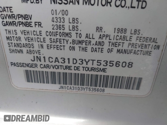 2000 Nissan Maxima GXE with VIN JN1CA31D3YT535608, listed as a IAAI auction lot 40024772 with 282,778 mi miles and . Bid and sale history available at DreamBid. Image 9.