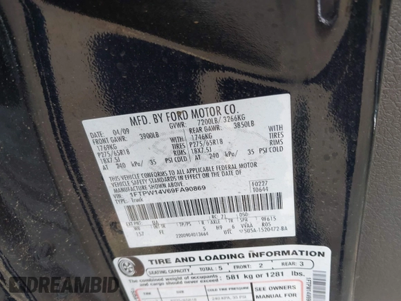 2009 Ford F-150 XL with VIN 1FTPW14V69FA90869, listed as a IAAI auction lot 42805551 with 182,373 mi miles and . Bid and sale history available at DreamBid. Image 9.
