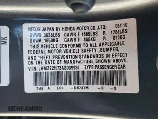 2010 Honda Insight EX with VIN JHMZE2H73AS039935, listed as a Copart auction lot 46192575 with 127,329 mi miles and Salvage Title. Bid and sale history available at DreamBid. Image 12.