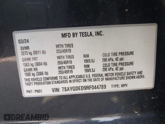 2024 Tesla Model Y with VIN 7SAYGDED9RF044789, listed as a IAAI auction lot 41817318 with Not Provided miles and . Bid and sale history available at DreamBid. Image 9.