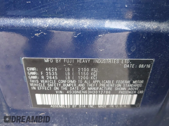 2017 Subaru Legacy Limited with VIN 4S3BNEN63H3012786, listed as a IAAI auction lot 41422437 with 1 mi miles. Bid and sale history available at carsss.com. Image 9.