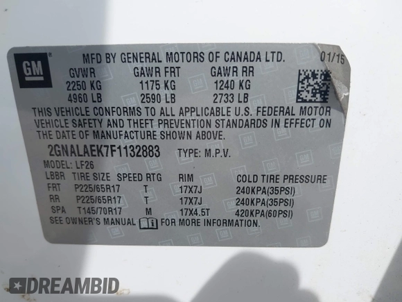 2015 Chevrolet Equinox LS with VIN 2GNALAEK7F1132883, listed as a IAAI auction lot 42126719 with 132,936 mi miles. Bid and sale history available at carsss.com. Image 9.