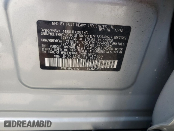 2015 Subaru Forester 2.5i with VIN JF2SJABC8FH547287, listed as a Copart auction lot 62502985 with Not provided miles and Salvage title. Bid and sale history available at DreamBid. Image 12.