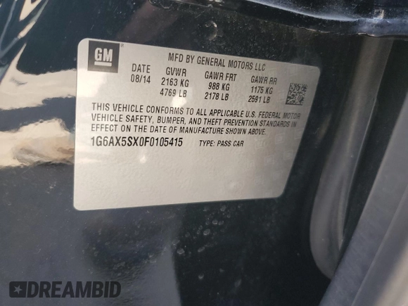 2015 Cadillac CTS Luxury AWD с VIN 1G6AX5SX0F0105415, выставлен на аукционе Copart как лот 62143995 с пробегом 72 614 миль миль и Списание • Salvage title. История ставок и продаж доступна на DreamBid. Изображение 12.
