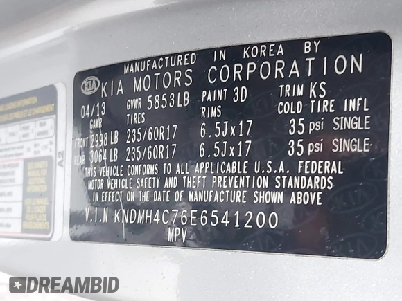 2014 Kia Sedona EX with VIN KNDMH4C76E6541200, listed as a IAAI auction lot 41657002 with 141,377 mi miles. Bid and sale history available at carsss.com. Image 9.
