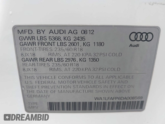 2013 Audi Q5 Premium Plus with VIN WA1LFAFP6DA008569, listed as a IAAI auction lot 42723906 with 120,466 mi miles and . Bid and sale history available at DreamBid. Image 9.