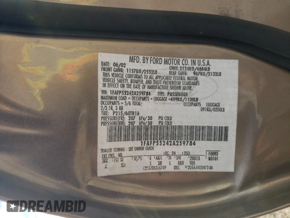 2002 Ford Taurus SES Standard with VIN 1FAFP55242A259784, listed as a Copart auction lot 76028114 with 90,079 mi miles and Clean Title. Bid and sale history available at DreamBid. Image 12.