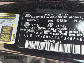 2015 Kia Optima LX with VIN 5XXGM4A74FG465488, listed as a IAAI auction lot 42400870 with 149,919 mi miles and . Bid and sale history available at DreamBid. Image 9.