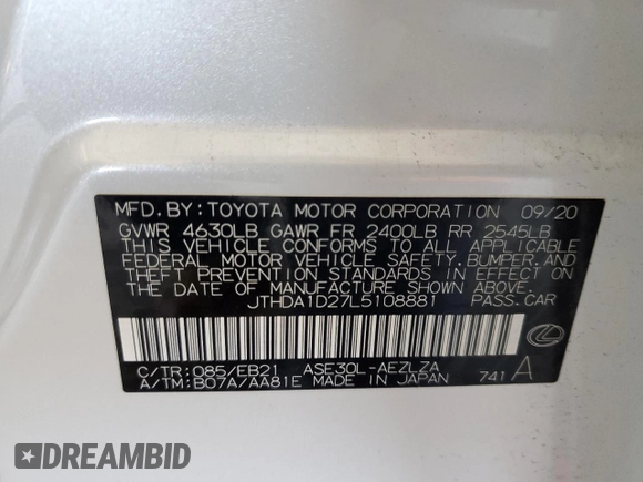 2020 Lexus IS 300 with VIN JTHDA1D27L5108881, listed as a Copart auction lot 46717135 with 41,560 mi miles and Salvage title. Bid and sale history available at DreamBid. Image 13.
