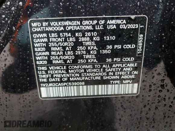 2023 Volkswagen Atlas SE with VIN 1V2JR2CA5PC539098, listed as a Copart auction lot 45048755 with Not provided miles and Salvage title. Bid and sale history available at DreamBid. Image 14.