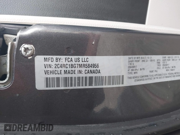 2021 Chrysler Pacifica Touring L with VIN 2C4RC1BG7MR584956, listed as a IAAI auction lot 42016887 with 51,415 mi miles and . Bid and sale history available at DreamBid. Image 9.