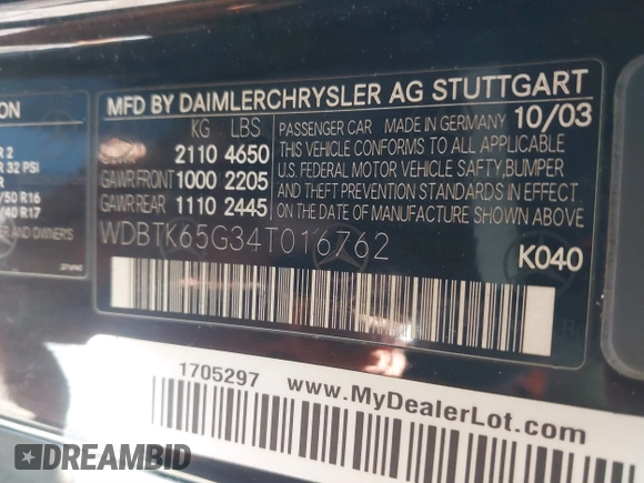 2004 Mercedes-Benz CLK 320 z VIN WDBTK65G34T016762, wystawiony jako IAAI lot #41430662 z przebiegiem Nie podano mil oraz . Historia ofert i sprzedaży dostępna na DreamBid. Obrazek 9.