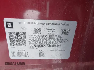 2021 Chevrolet Equinox Premier z VIN 2GNAXXEV4M6105996, wystawiony jako IAAI lot #41402065 z przebiegiem 51 083 mil mil oraz . Historia ofert i sprzedaży dostępna na DreamBid. Obrazek 9.