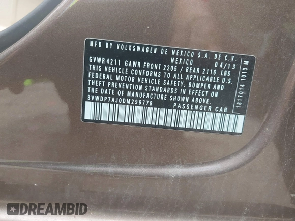 2013 Volkswagen Jetta SE with VIN 3VWDP7AJ0DM296778, listed as a IAAI auction lot 42546502 with 153,882 mi miles and . Bid and sale history available at DreamBid. Image 9.