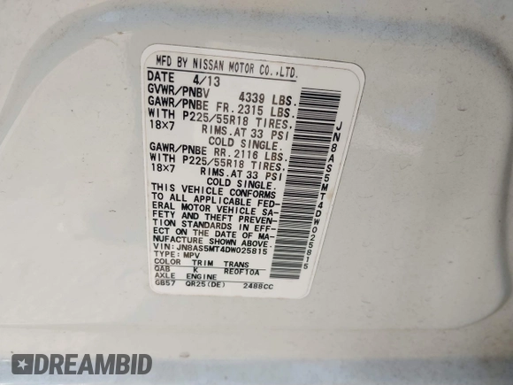 2013 Nissan Rogue S with VIN JN8AS5MT4DW025815, listed as a IAAI auction lot 41847352 with 108,520 mi miles and . Bid and sale history available at DreamBid. Image 9.