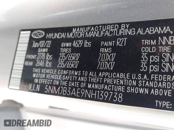 2022 Hyundai Tucson SEL with VIN 5NMJB3AE9NH139738, listed as a IAAI auction lot 41948244 with 31,990 mi miles and . Bid and sale history available at DreamBid. Image 9.