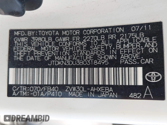 2011 Toyota Prius I with VIN JTDKN3DU3B0318495, listed as a IAAI auction lot 41945115 with 240,553 mi miles and . Bid and sale history available at DreamBid. Image 9.